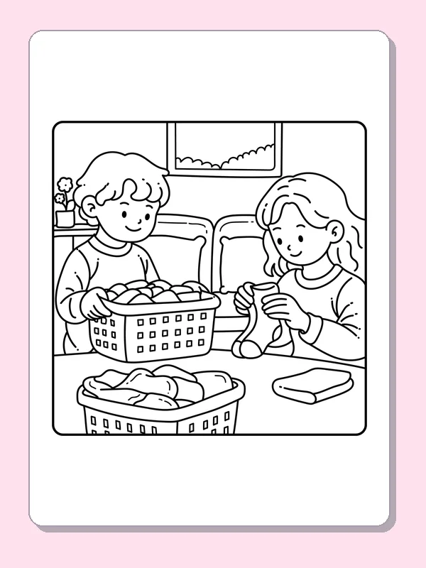 Black and white friends folding laundry coloring page