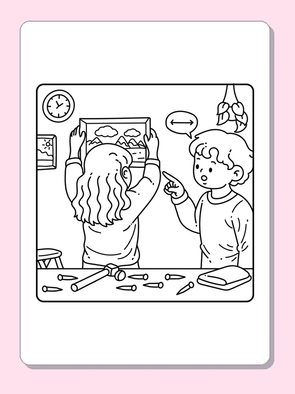 Black and white friends hanging a picture together coloring page