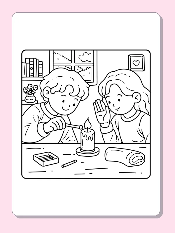 Black and white friends lighting a birthday candle coloring page