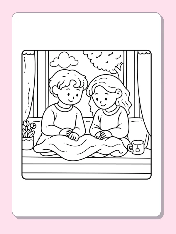 Black and white friends resting under a blanket coloring page