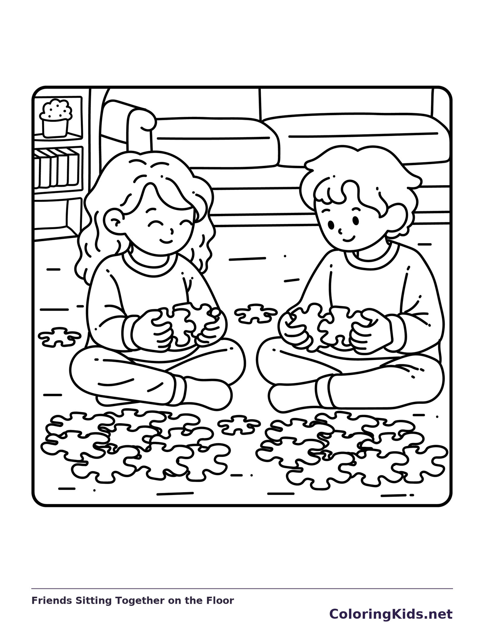 Black and white friends sitting together on the floor coloring page