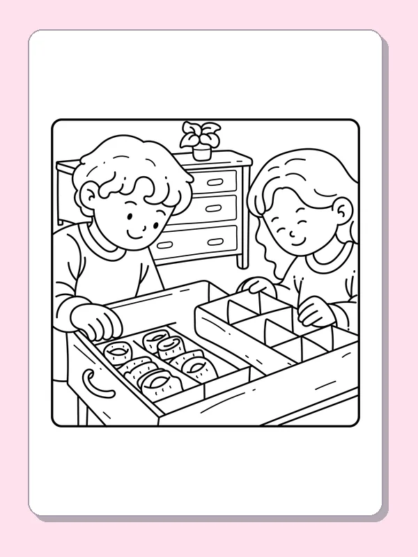 Black and white friends sorting small toys coloring page