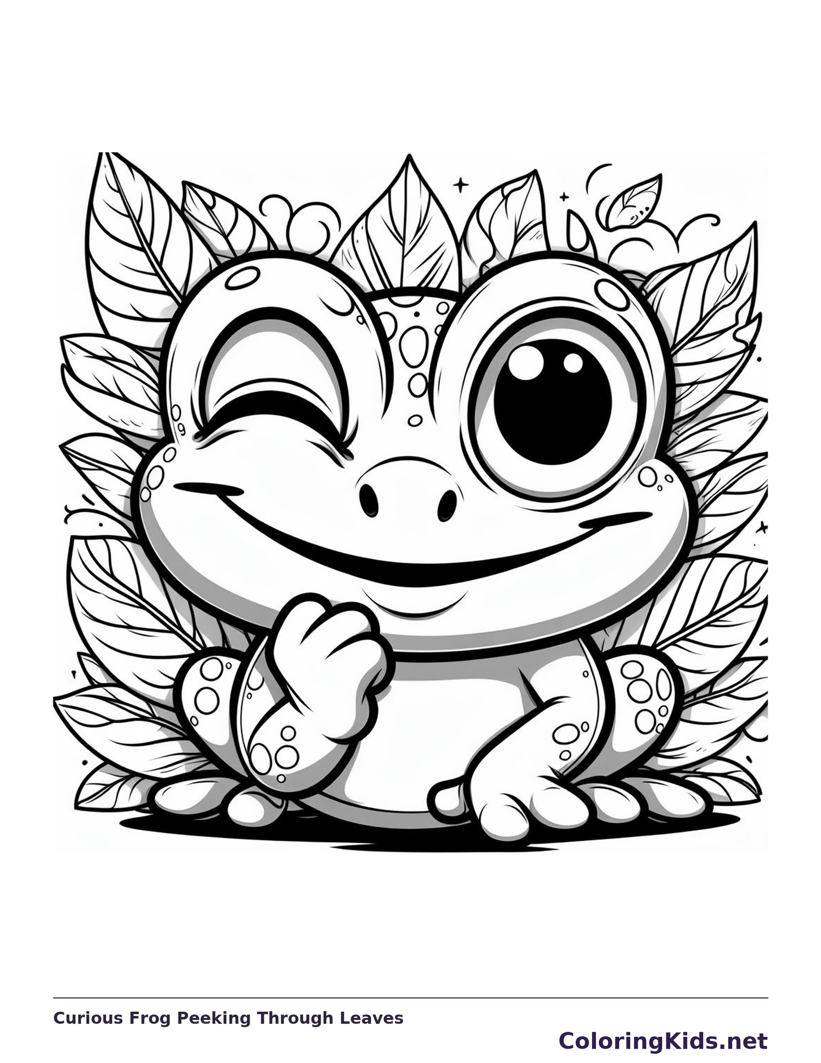 Curious Frog Peeking Through Leaves coloring page: black and white drawing with gray shading to print or color online