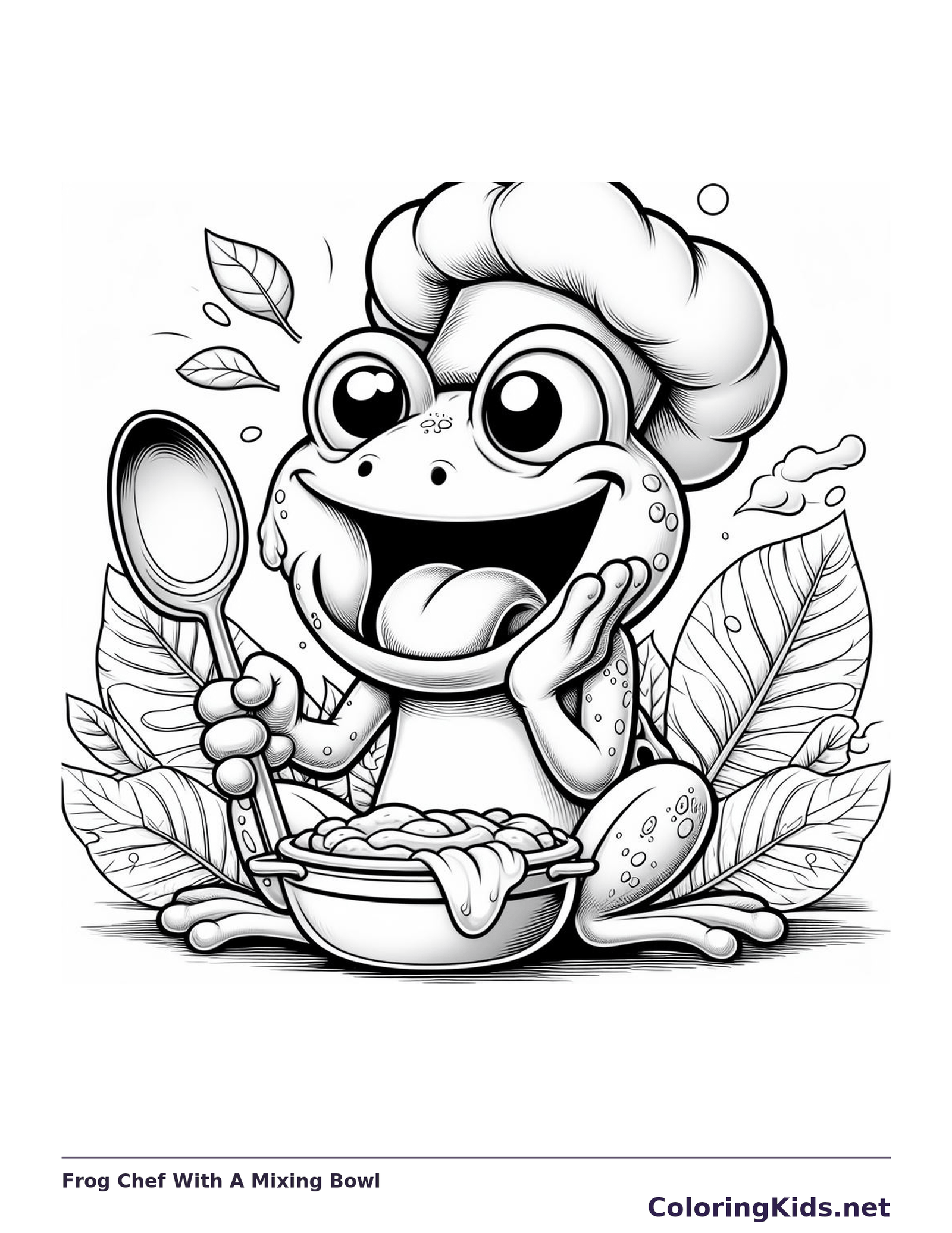 Frog Chef With A Mixing Bowl coloring page: black and white drawing with gray shading to print or color online