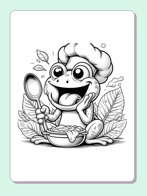 Frog Chef With A Mixing Bowl coloring page: black and white drawing with gray shading to print or color online