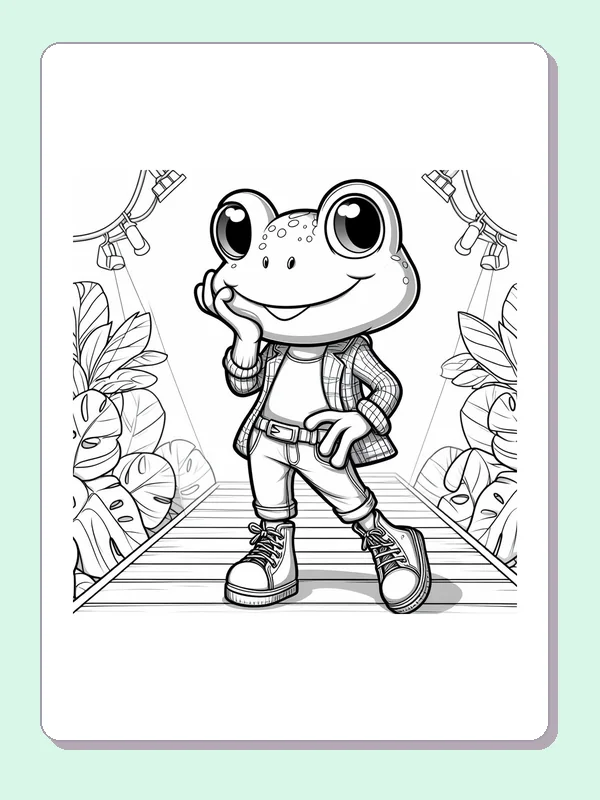 Frog Explorer On A Forest Walkway coloring page: black and white drawing with gray shading to print or color online