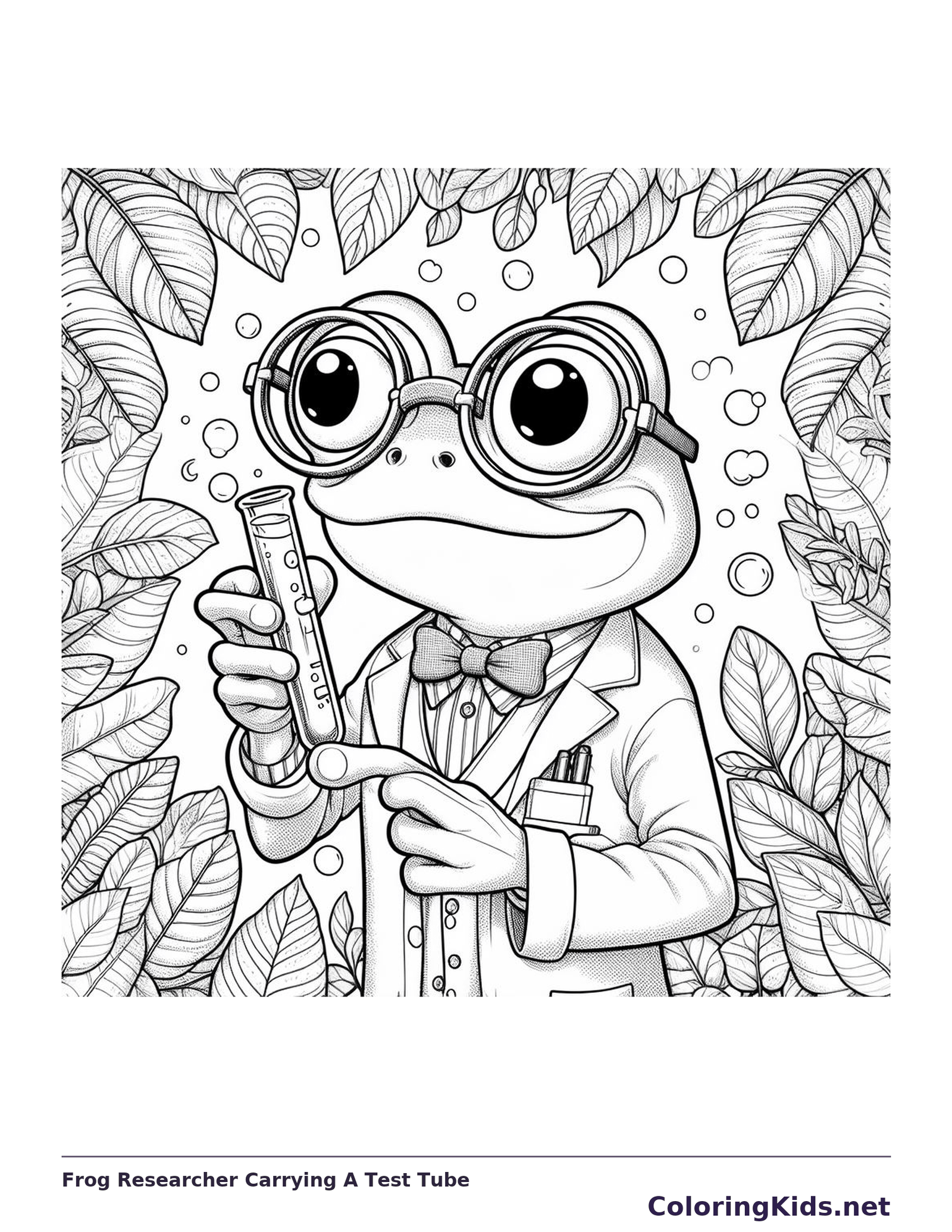 Frog Researcher Carrying A Test Tube coloring page: black and white drawing with gray shading to print or color online