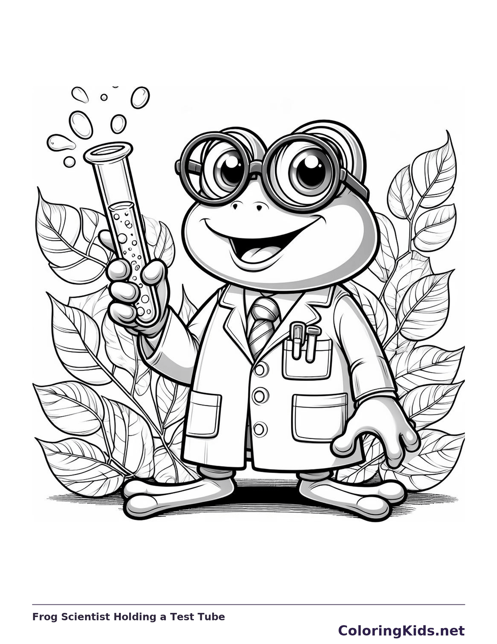 Frog Scientist Holding a Test Tube coloring page: black and white drawing with gray shading to print or color online