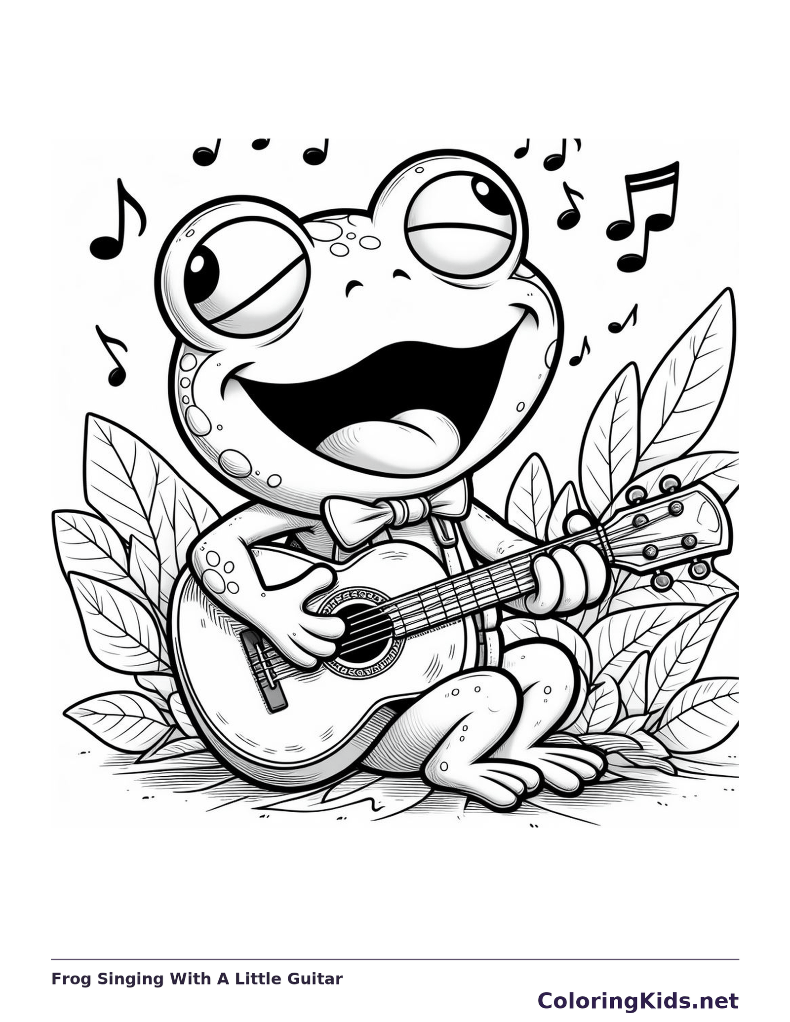Frog Singing With A Little Guitar coloring page: black and white drawing with gray shading to print or color online
