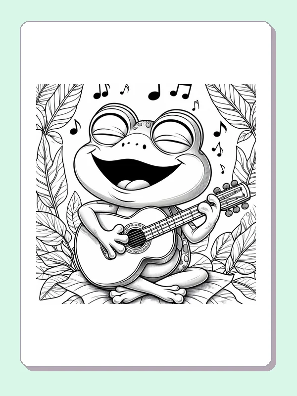 Frog Strumming Beside Pond Plants coloring page: black and white drawing with gray shading to print or color online