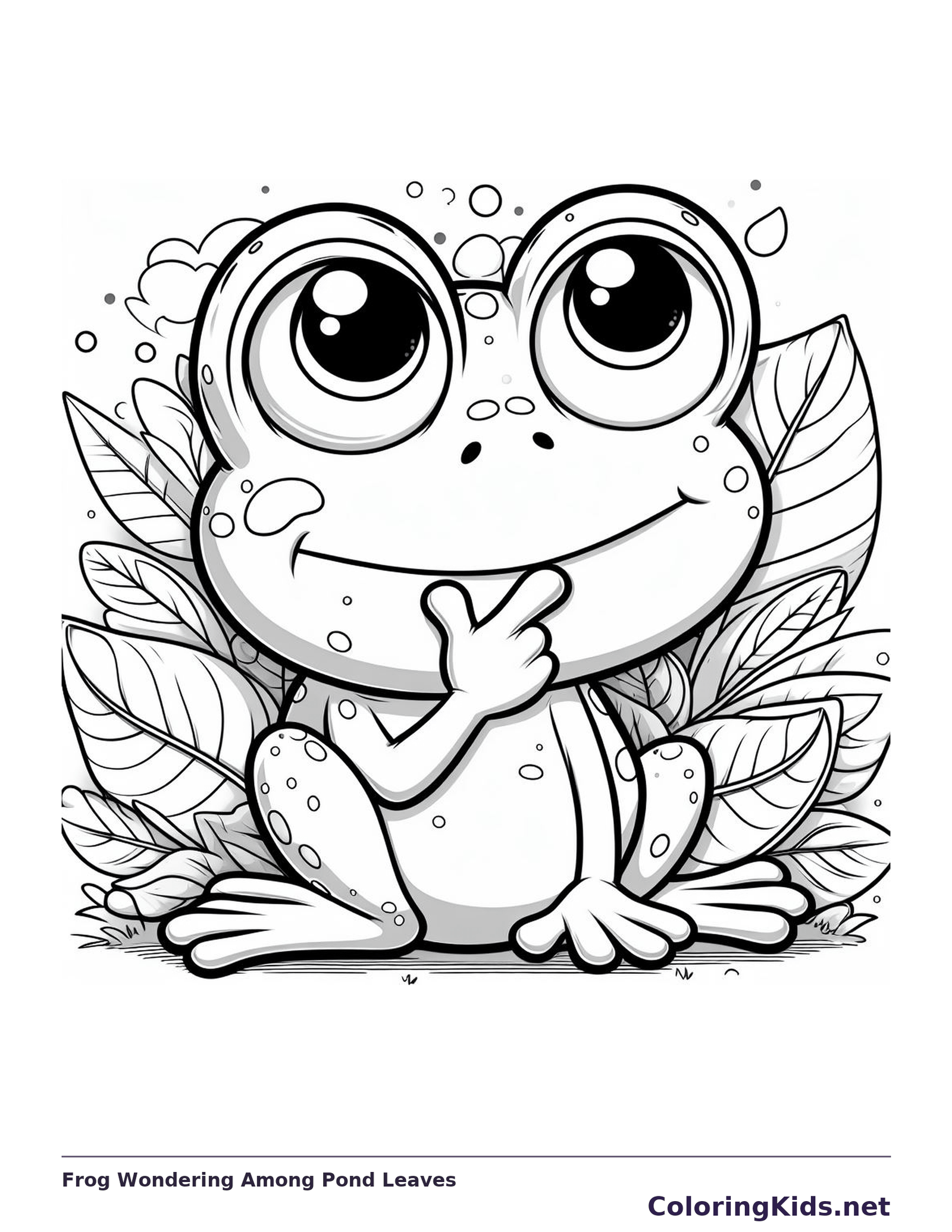 Frog Wondering Among Pond Leaves coloring page: black and white drawing with gray shading to print or color online