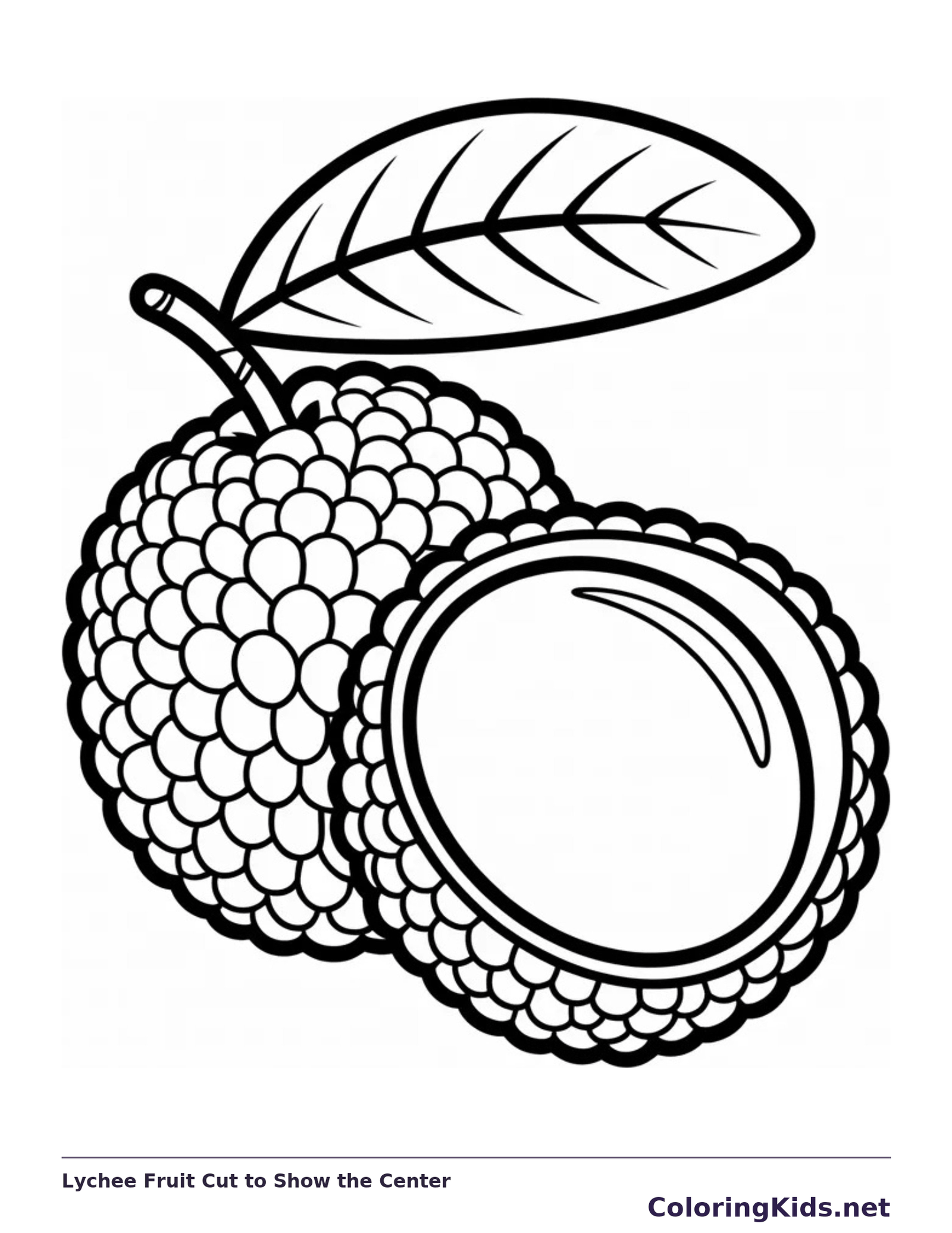 Black and white printable lychee fruit cut to show the center coloring sheet