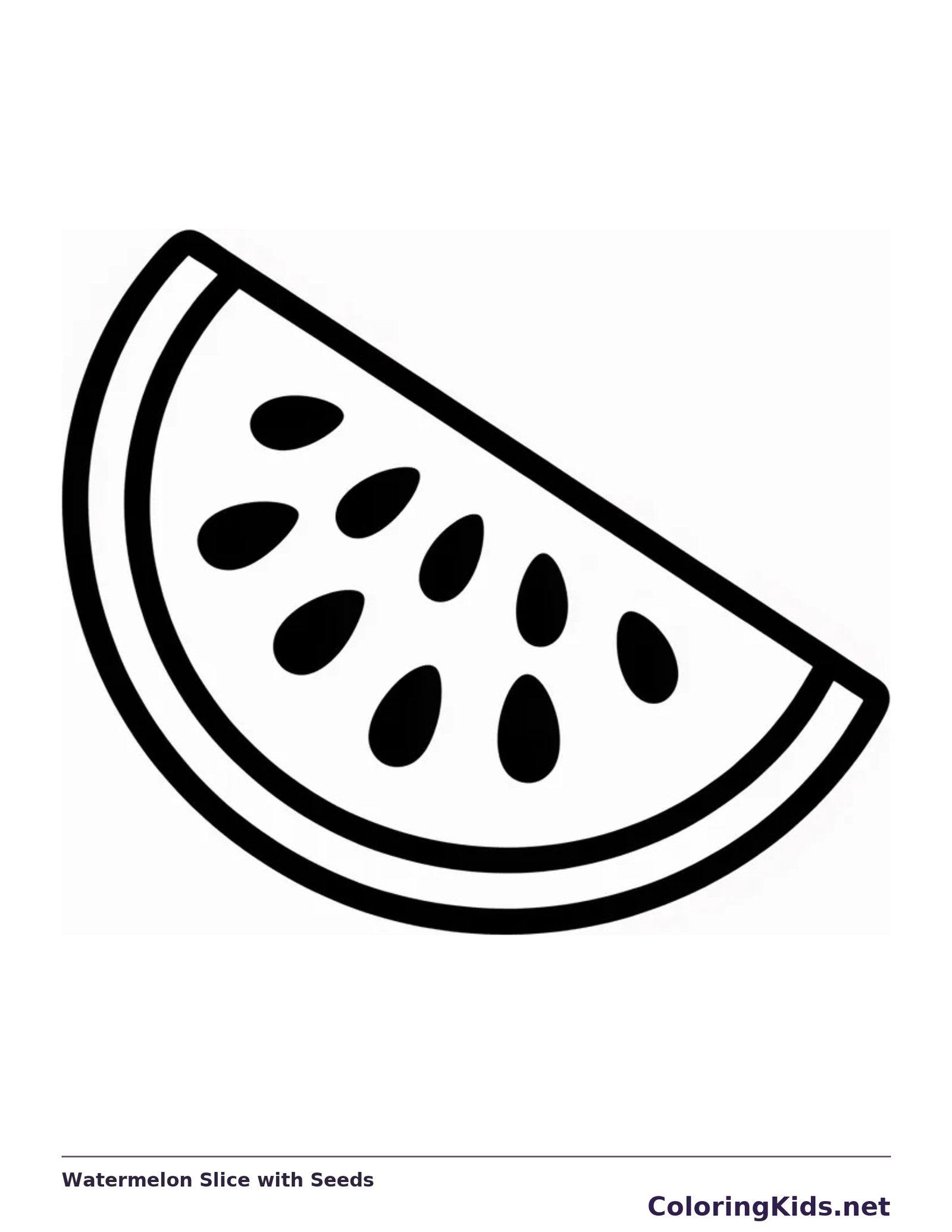 Black and white printable watermelon slice with seeds coloring sheet