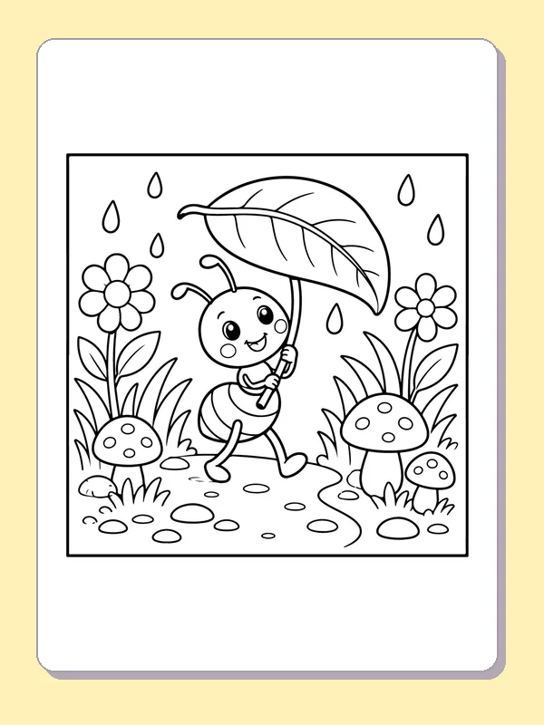Black and white printable ant carrying a leaf umbrella coloring sheet
