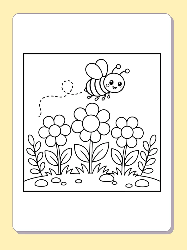 Black and white printable bee flying above three flowers coloring sheet