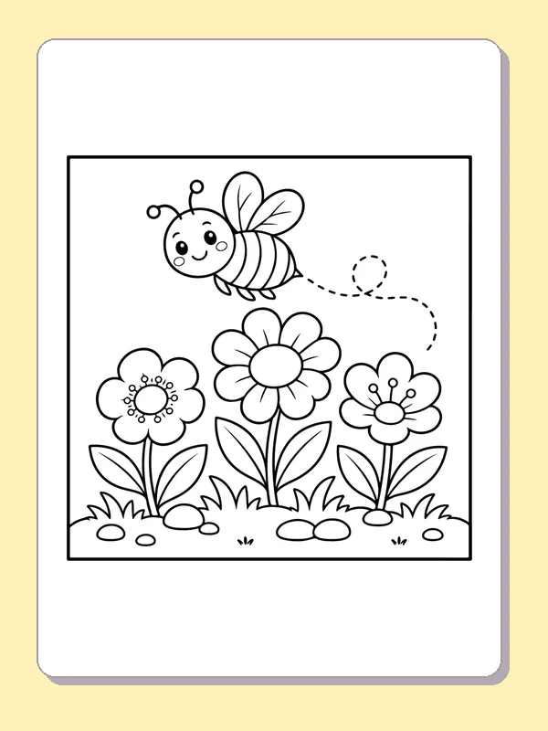 Black and white printable bee flying past garden daisies coloring sheet