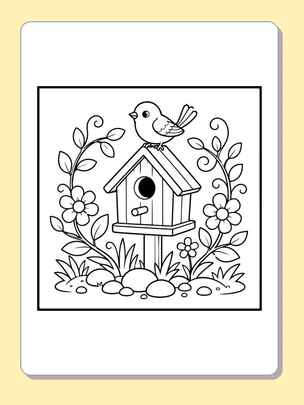 Black and white printable bird on a garden birdhouse roof coloring sheet