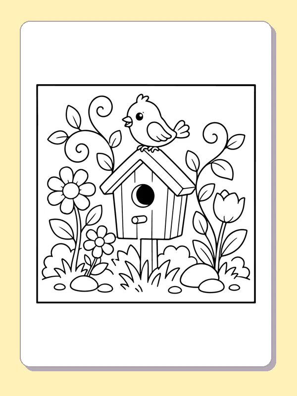 Black and white printable bird perching on a flower birdhouse coloring sheet