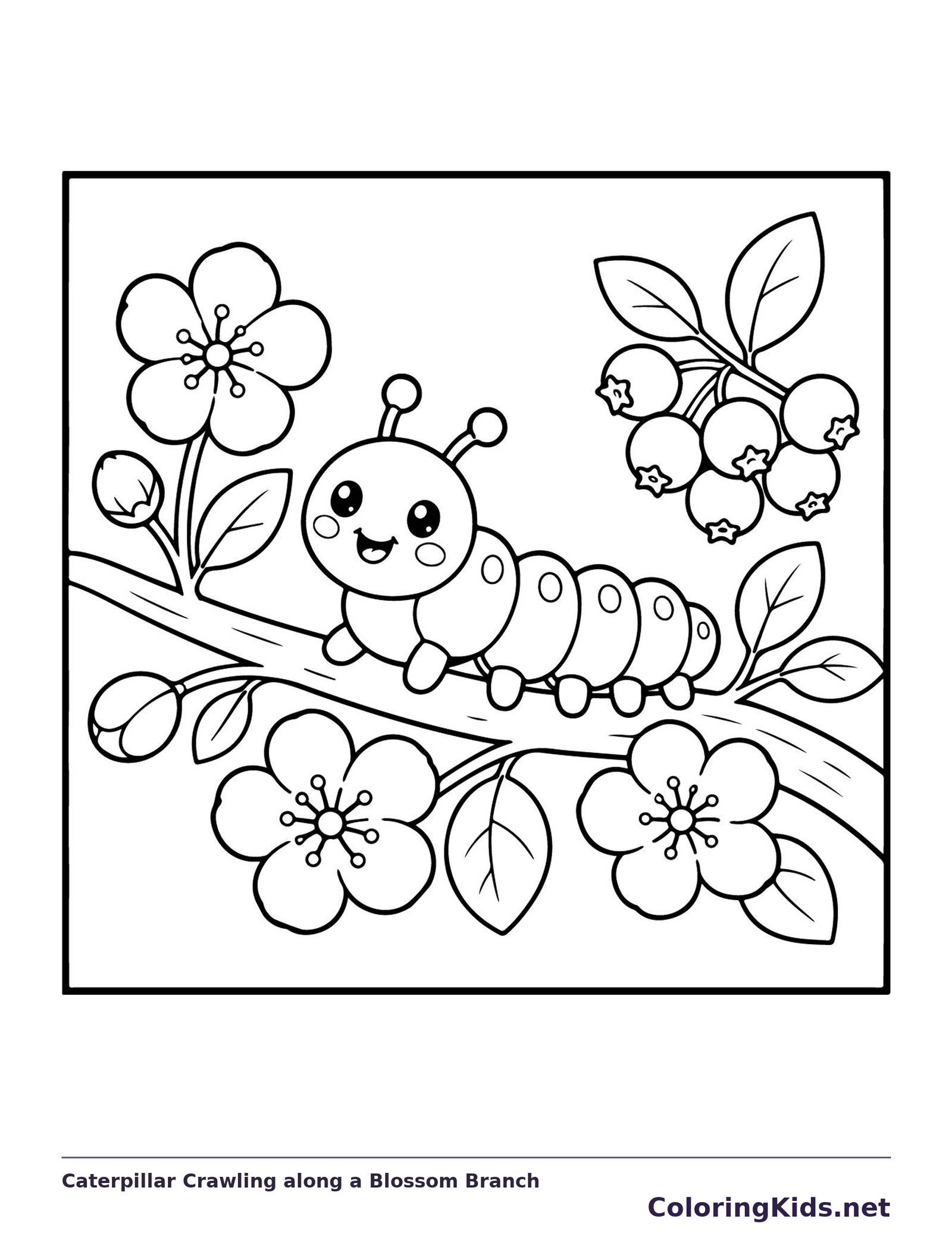 Black and white printable caterpillar crawling along a blossom branch coloring sheet