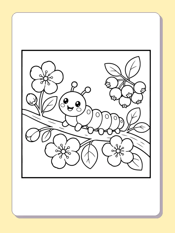 Black and white printable caterpillar crawling along a blossom branch coloring sheet
