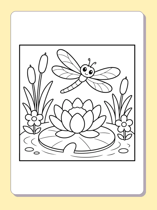 Black and white printable dragonfly above a flower pond coloring sheet
