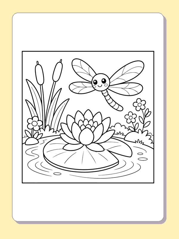 Black and white printable dragonfly over a water lily coloring sheet