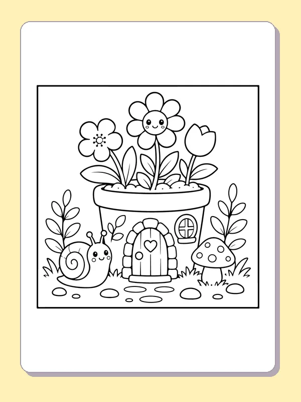 Black and white printable flowerpot house with a snail visitor coloring sheet
