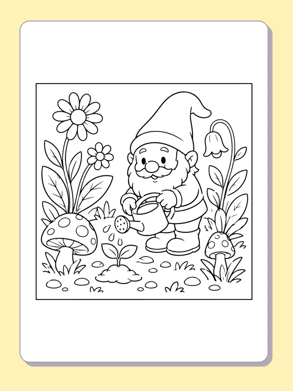 Black and white printable gnome watering flowers beside mushrooms coloring sheet