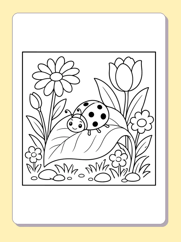 Black and white printable ladybug among tulips and daisies coloring sheet