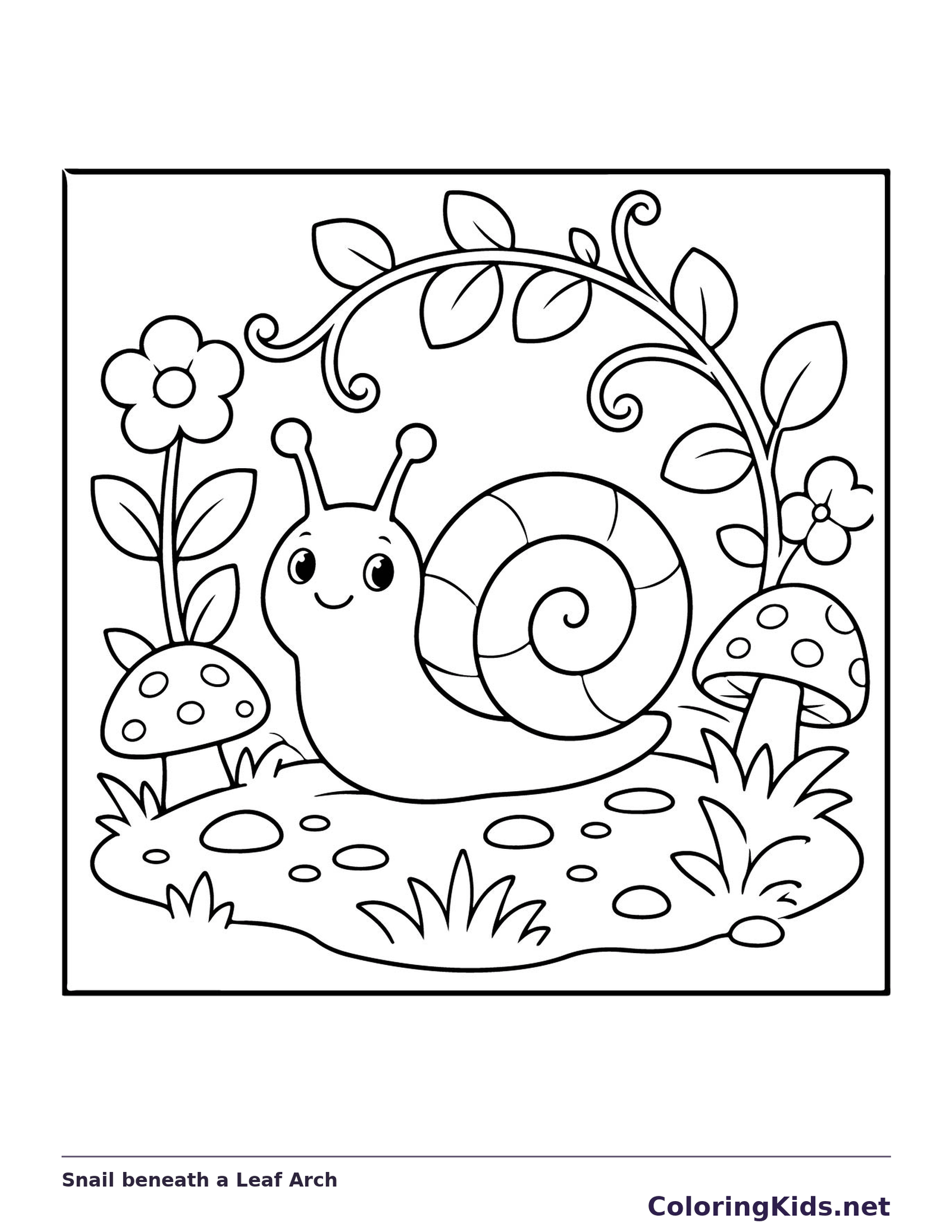 Black and white printable snail beneath a leaf arch coloring sheet
