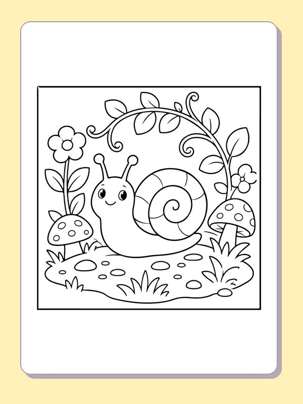 Black and white printable snail beneath a leaf arch coloring sheet