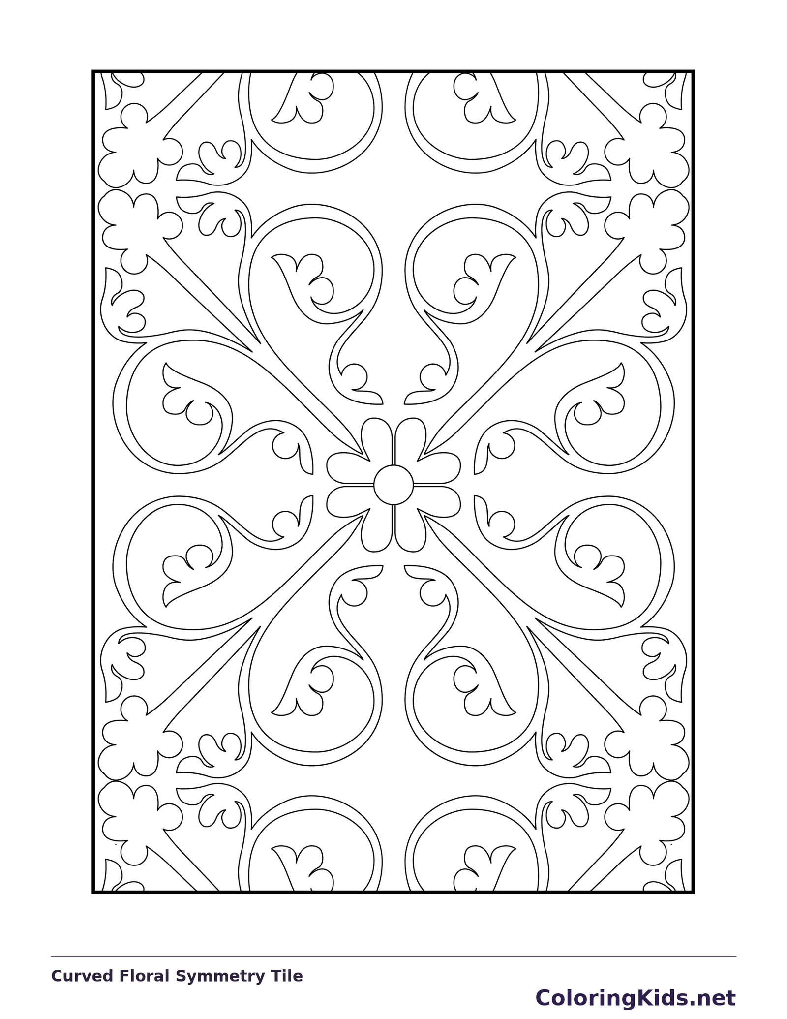 Black-and-white printable curved floral symmetry tile pattern