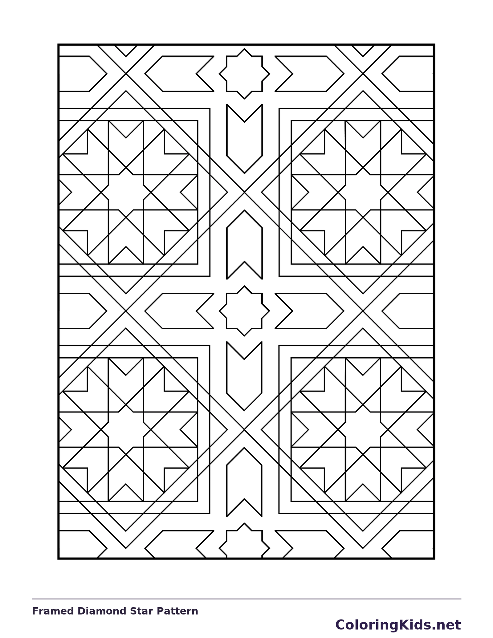 Black-and-white printable framed diamond star pattern pattern