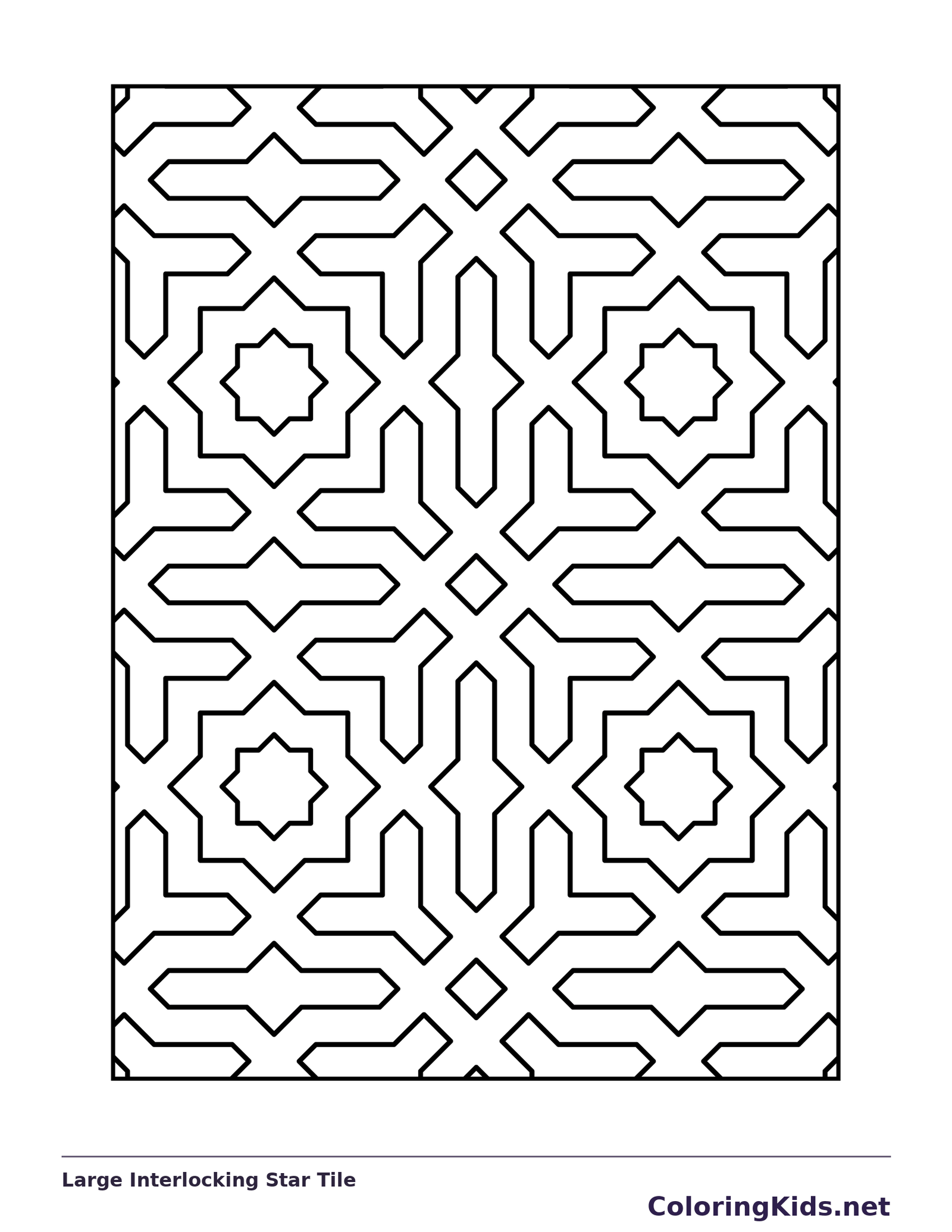 Black-and-white printable large interlocking star tile pattern