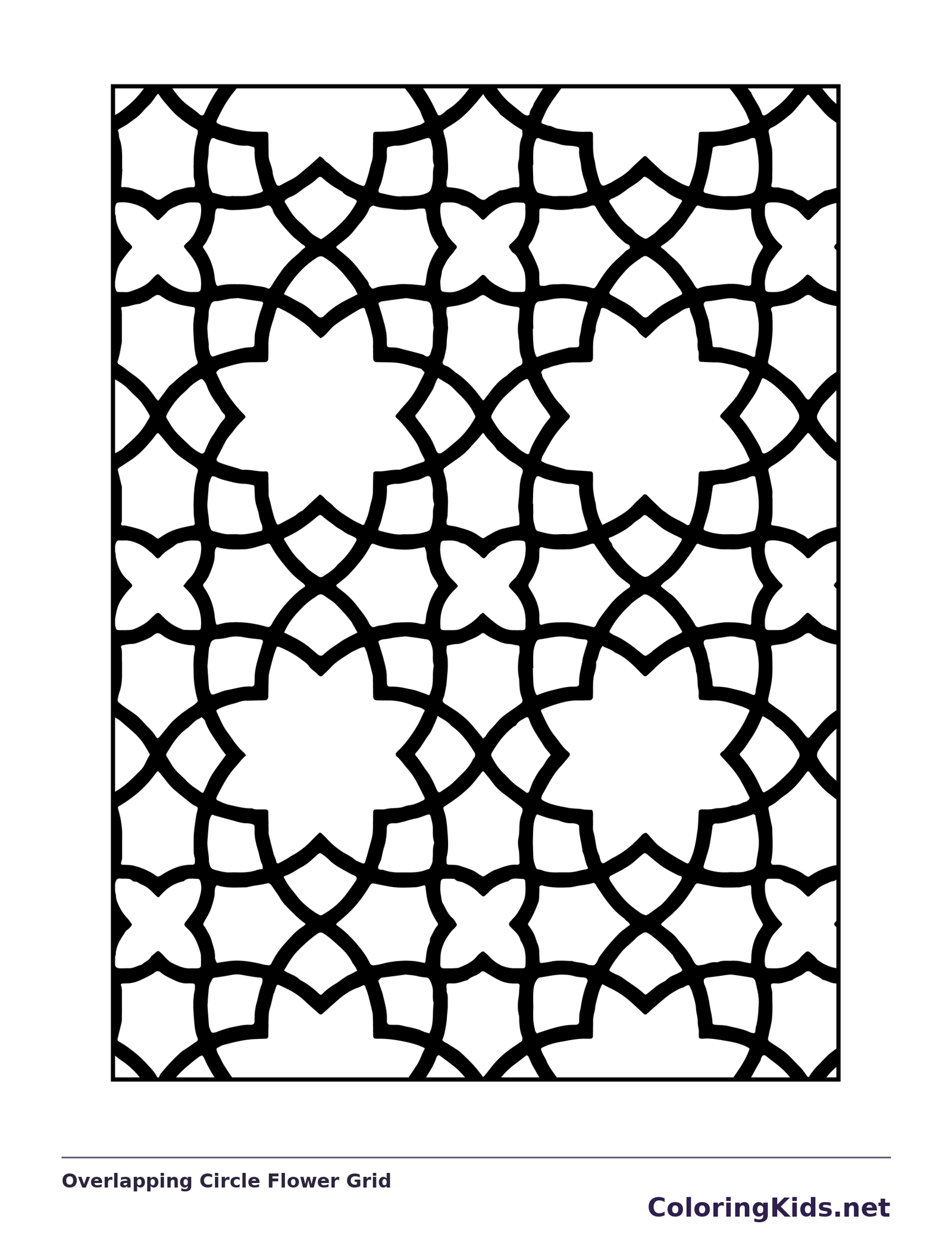 Black-and-white printable overlapping circle flower grid pattern