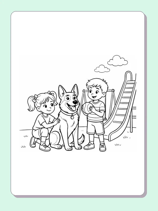 Black and white printable drawing of German Shepherd sitting with two children beside a playground slide