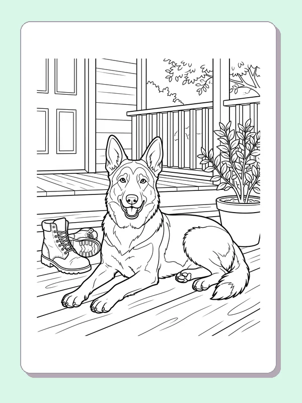 Black and white printable drawing of German Shepherd resting on a porch beside boots and a potted plant