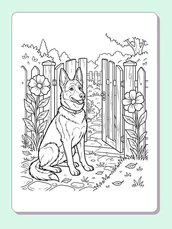 Black and white printable drawing of German Shepherd sitting beside an open wooden gate and tall garden flowers