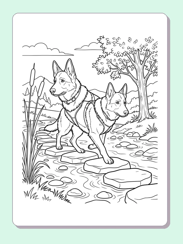 Black and white printable drawing of two German Shepherds stepping across stones in a shallow stream