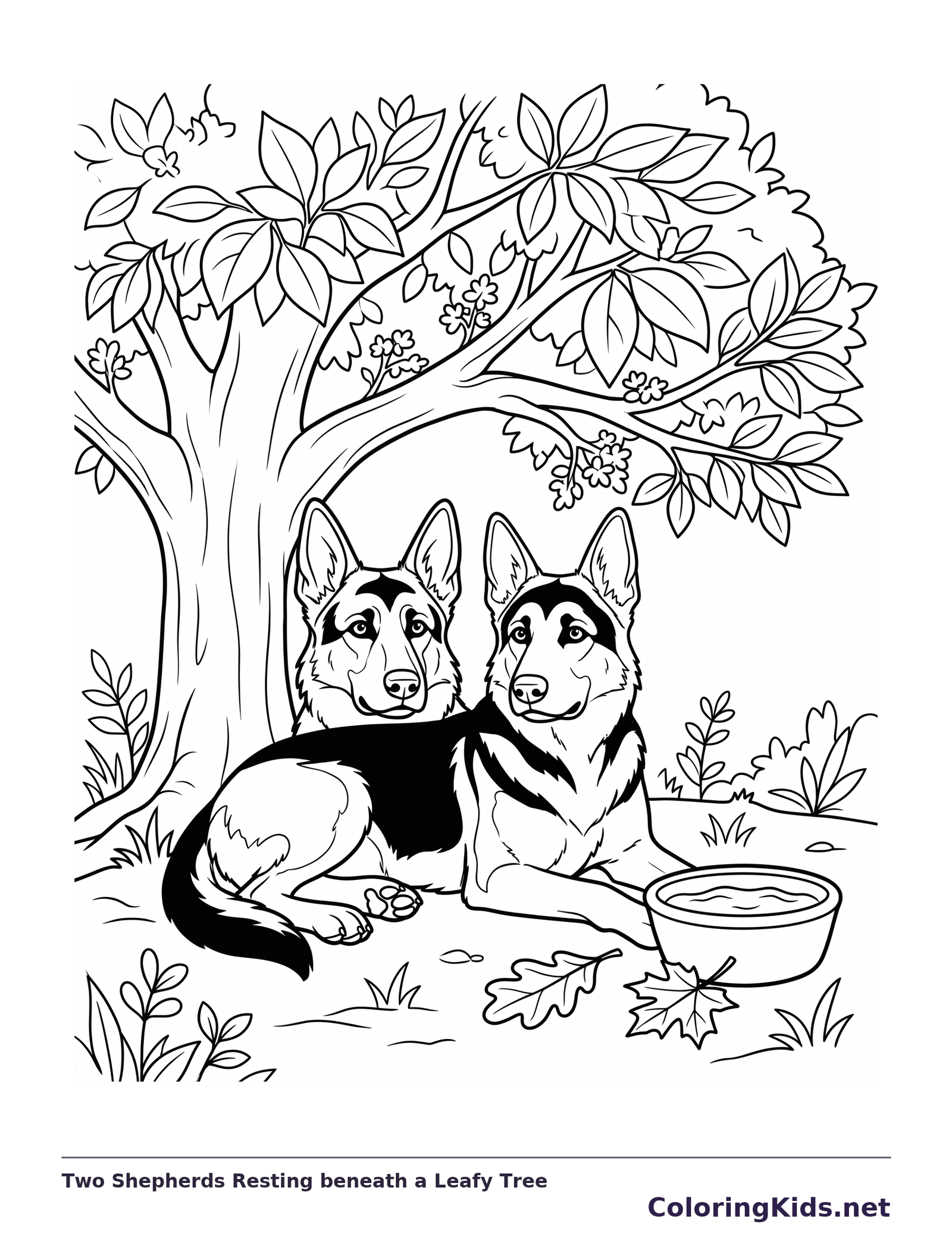 Black and white printable drawing of two German Shepherds resting below a leafy tree near a water bowl