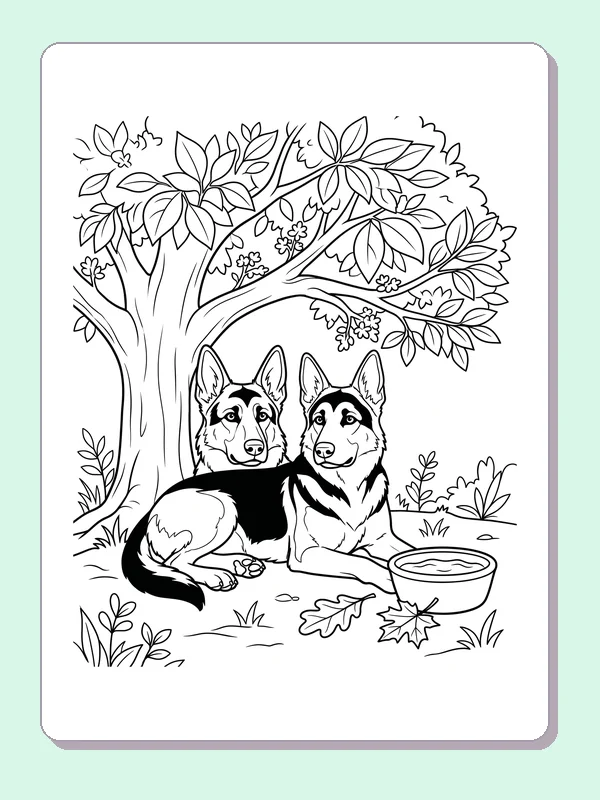 Black and white printable drawing of two German Shepherds resting below a leafy tree near a water bowl