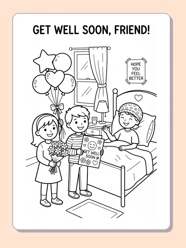 Two children bringing flowers and a card to a friend resting in bed.