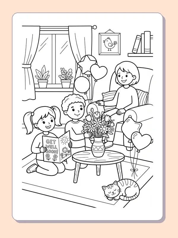Three friends gathered around a table with flowers, balloons and a card for someone recovering.