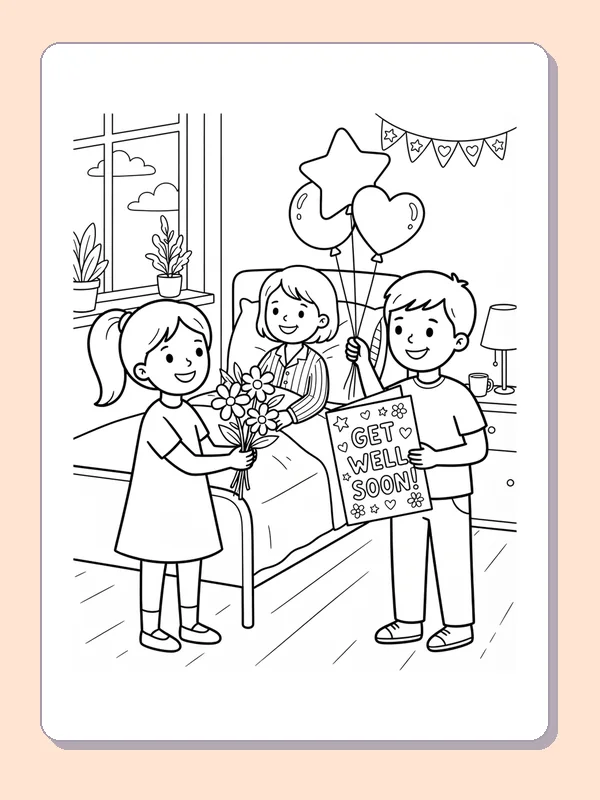Children bringing flowers, balloons and a get-well card to a friend resting in bed.