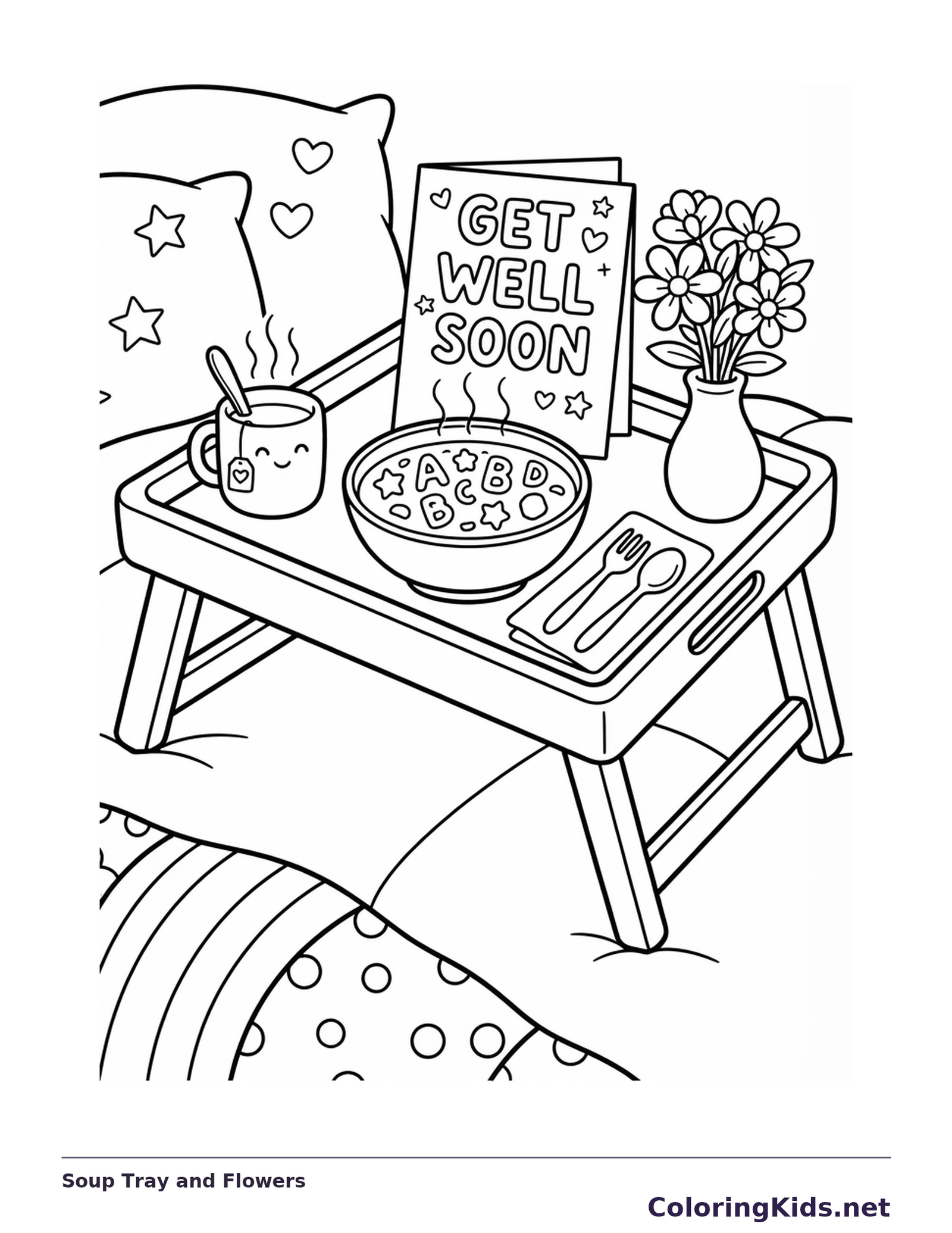 A bowl of soup, tea cup, flowers and Get Well Soon card on a bedside tray.
