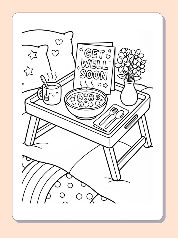 A bowl of soup, tea cup, flowers and Get Well Soon card on a bedside tray.