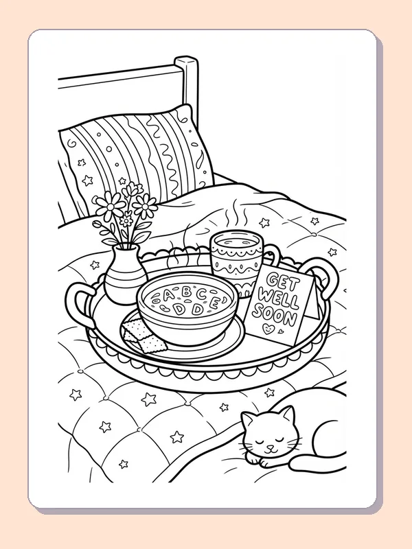 A tray of soup and tea resting on a quilted bed beside flowers and a sleeping cat.