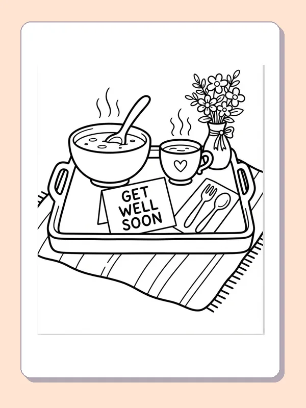 Bedside tray with steaming soup, a heart-decorated drink, flowers and a Get Well Soon note.
