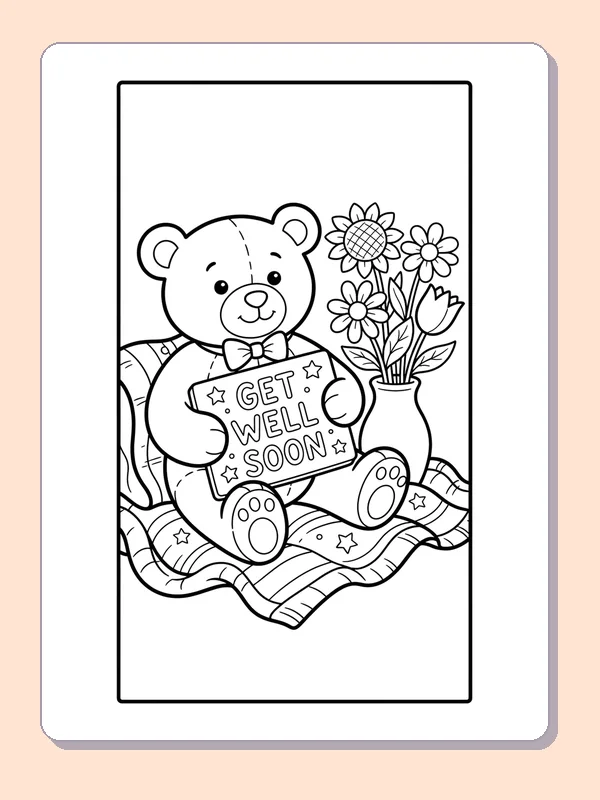 A teddy bear sitting on a blanket with a Get Well Soon card and bouquet of flowers.