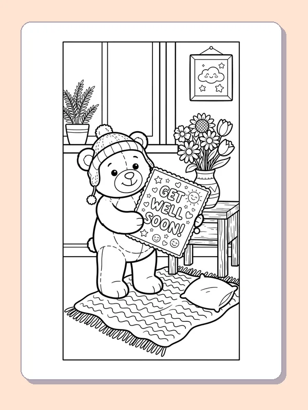A teddy bear holding a handmade card on a rug beside a table of flowers.